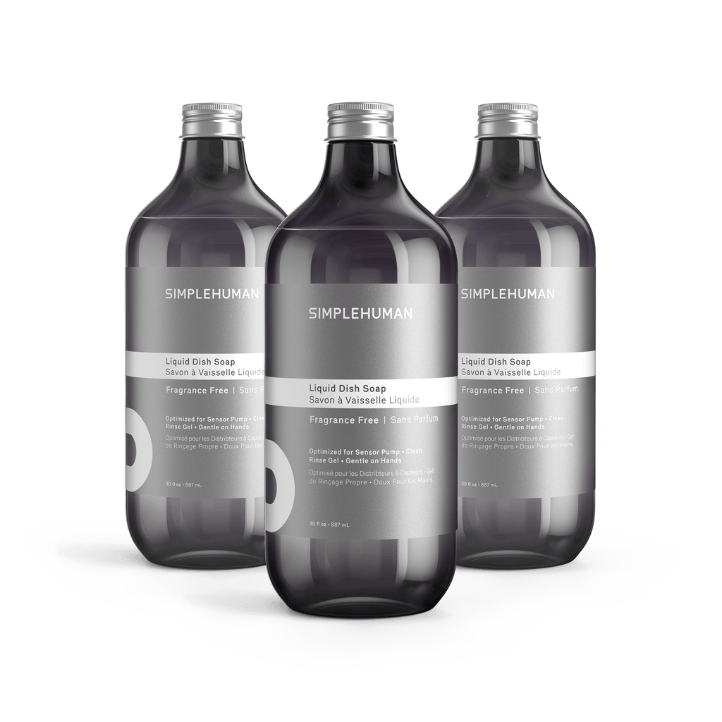 Simplehuman's Fragrance Free Liquid Dish Soap in 3 charcoal colored bottles and titanium caps.
