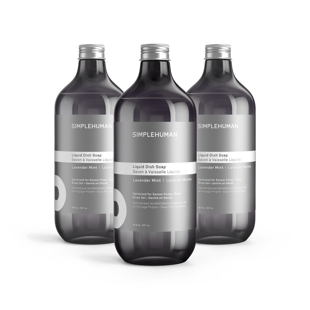 Simplehuman's Lavender Mint Liquid Dish Soap in 3 charcoal colored bottles and titanium caps.