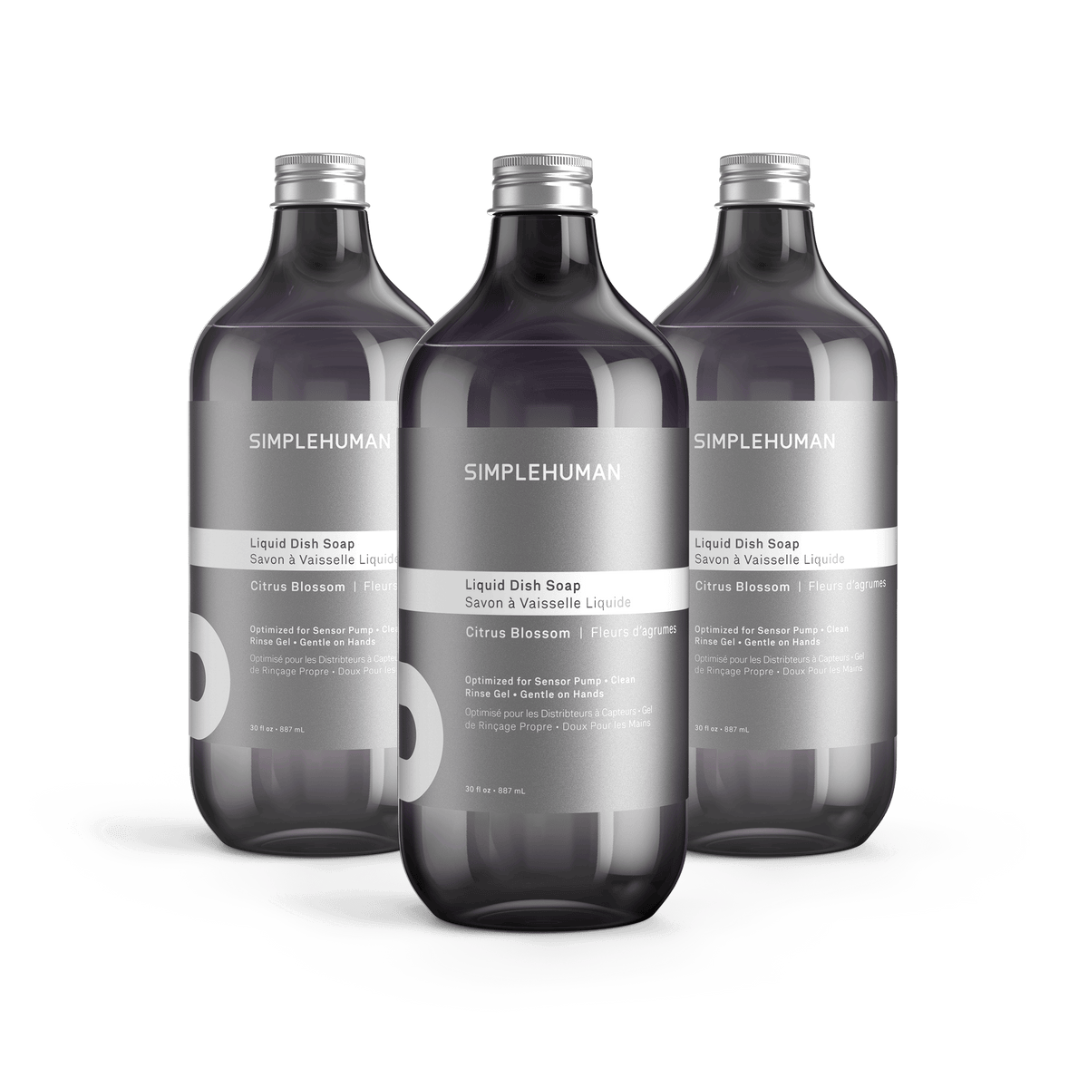 Simplehuman's Citrus Blossom Liquid Dish Soap in 3 charcoal colored bottles and titanium caps.