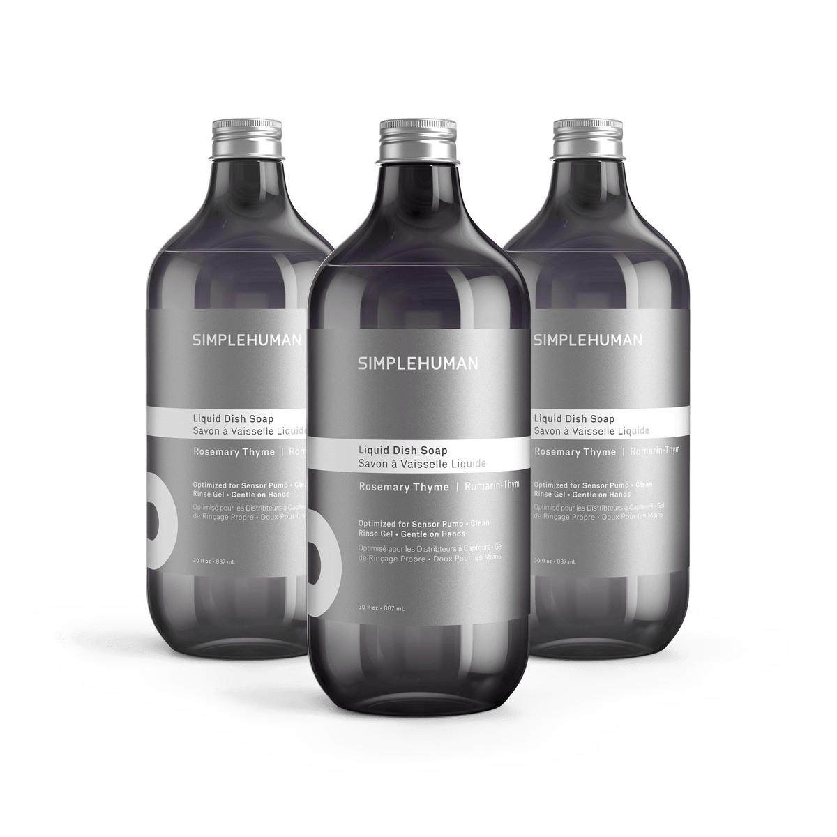 Simplehuman's Rosemary Thyme Liquid Dish Soap in 3 charcoal colored bottles and titanium caps.