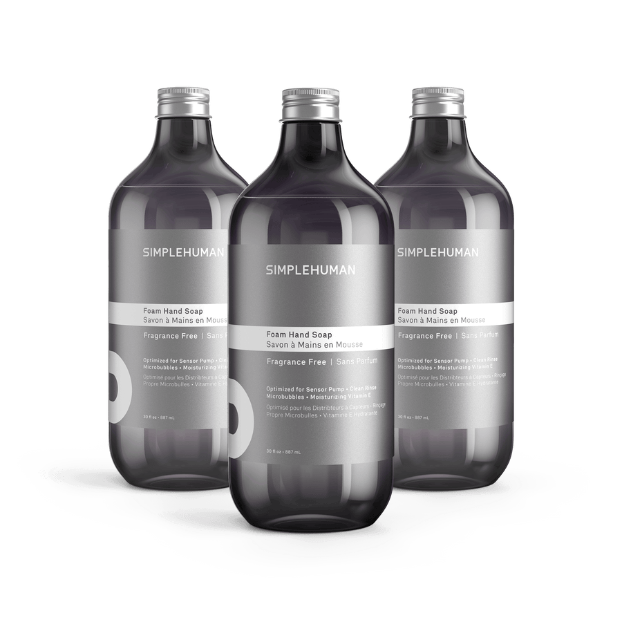 Simplehuman's Fragrance Free Foaming Hand Soap in 3 charcoal colored bottles and titanium caps.