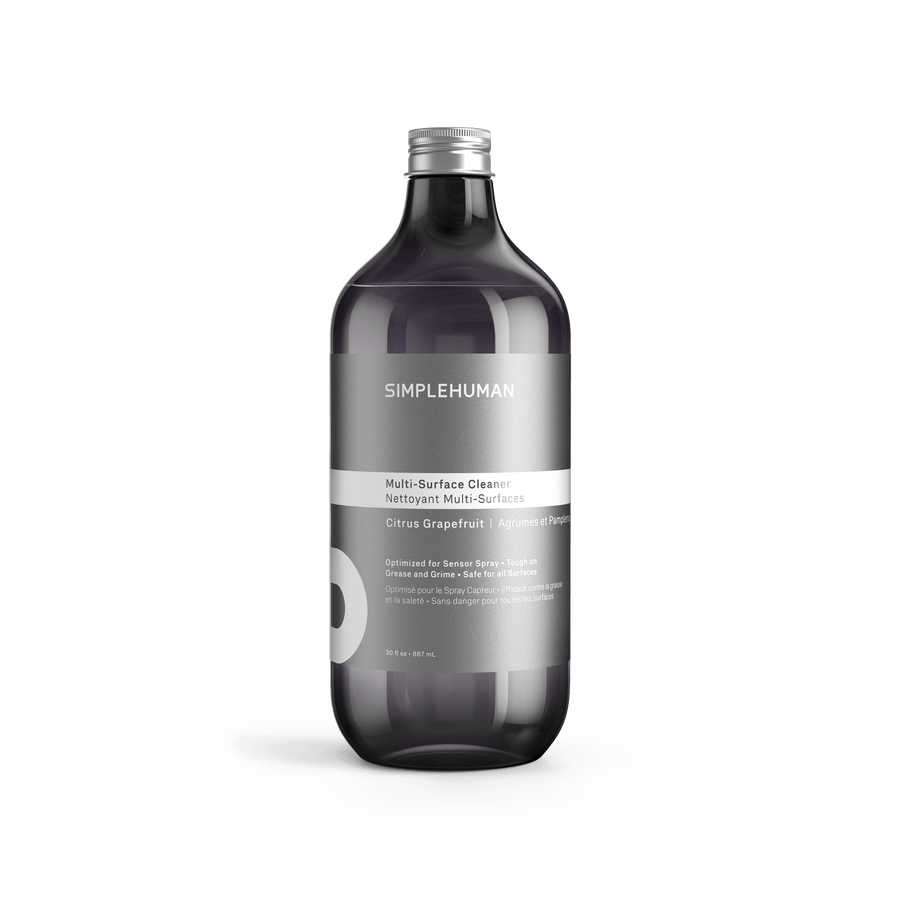 Simplehuman's Citrus Grapefruit Multi-Surface Cleaner in a charcoal colored bottle and titanium cap.