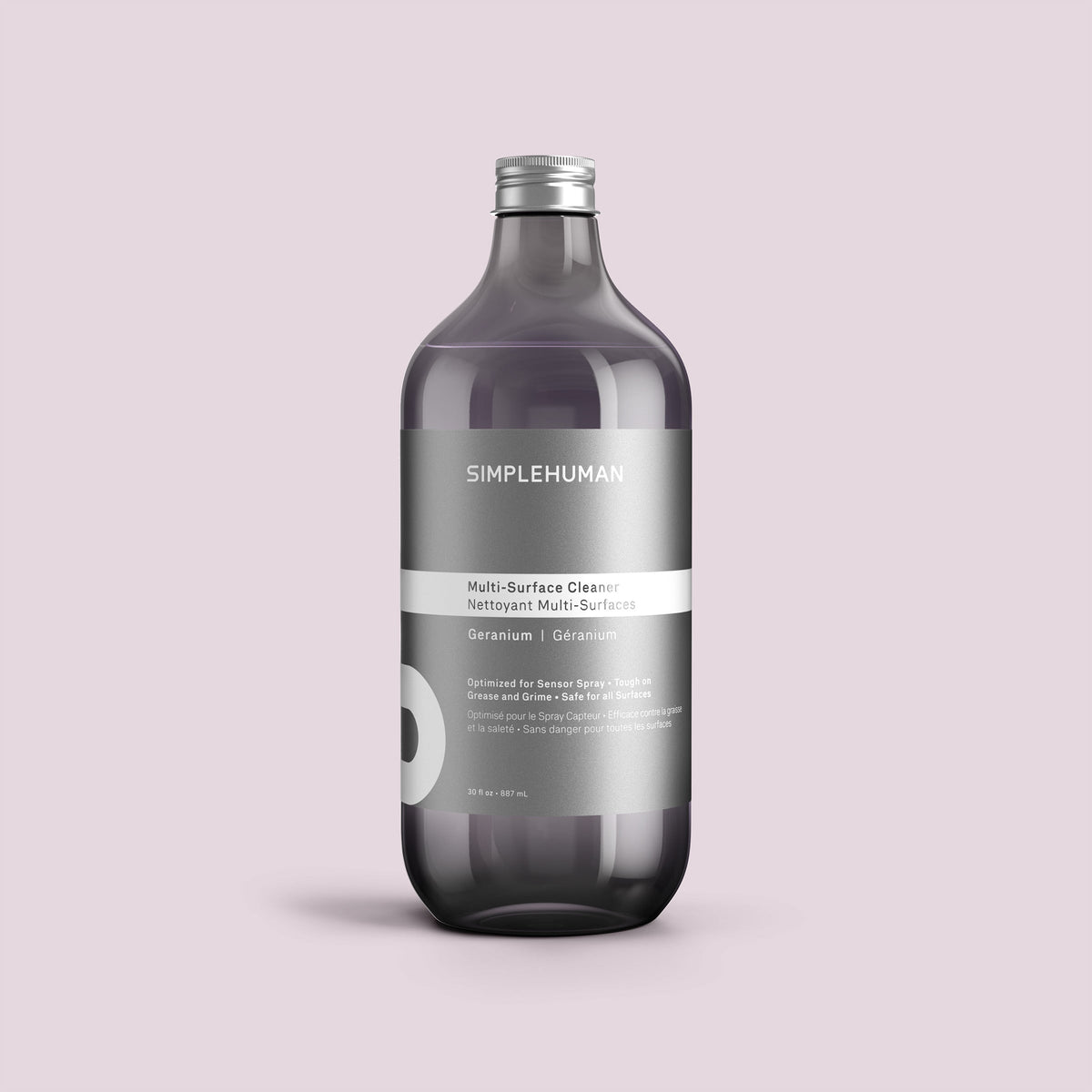 Simplehuman's Geranium Multi-Surface Cleaner Refill Bottle on a colored background.