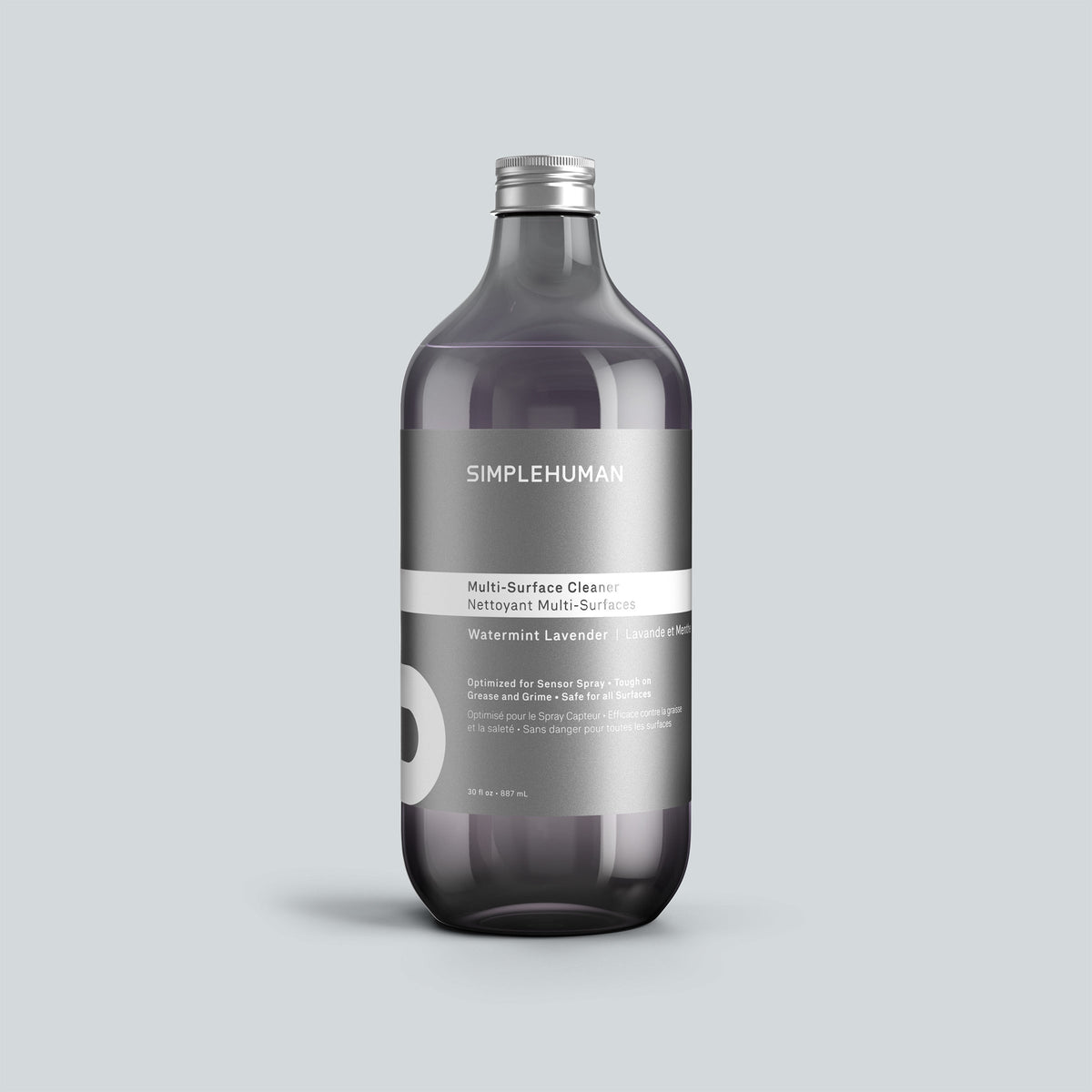 Simplehuman's Watermint Lavender Multi-Surface Cleaner Refill Bottle on a colored background.