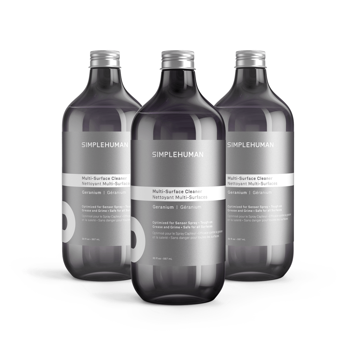 Simplehuman's Geranium Multi-Surface Cleaner in 3 charcoal colored bottles and titanium caps.