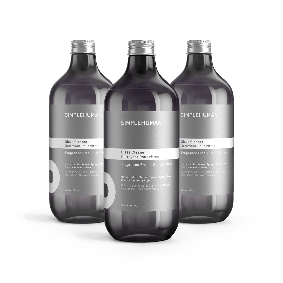 Simplehuman's Fragrance Free Bath Cleaner in 3 charcoal colored bottles and titanium caps.