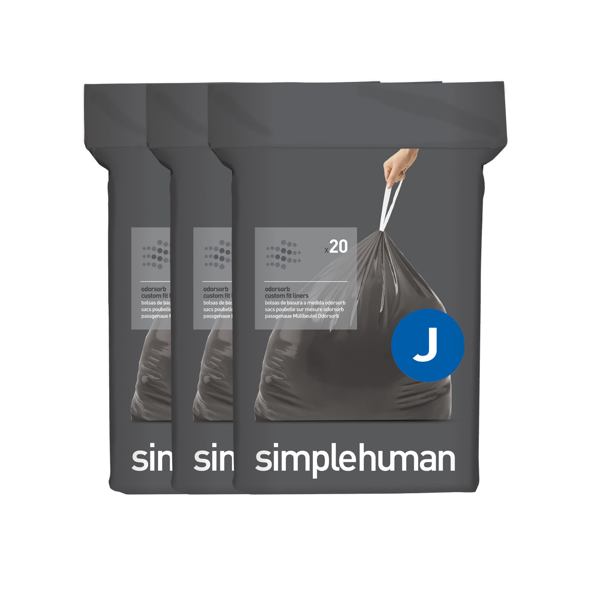 Front view of three Simplehuman Code J Custom Fit odor-sorb liner packs (20 count) showing white drawstring closure.