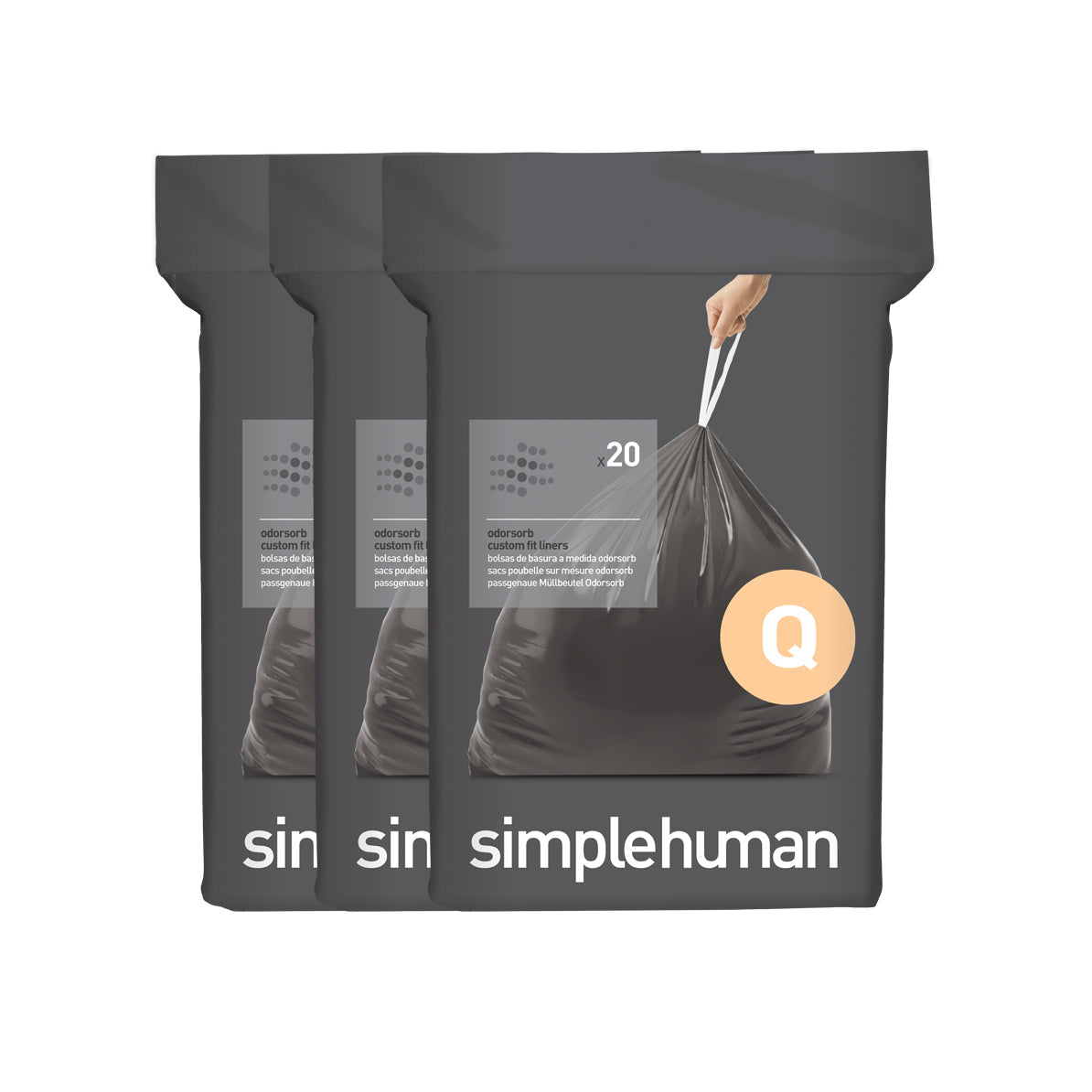 Front view of Simplehuman Code Q Custom Fit Liners, three 20-count packs, with Odorsorb technology and durable drawstring.