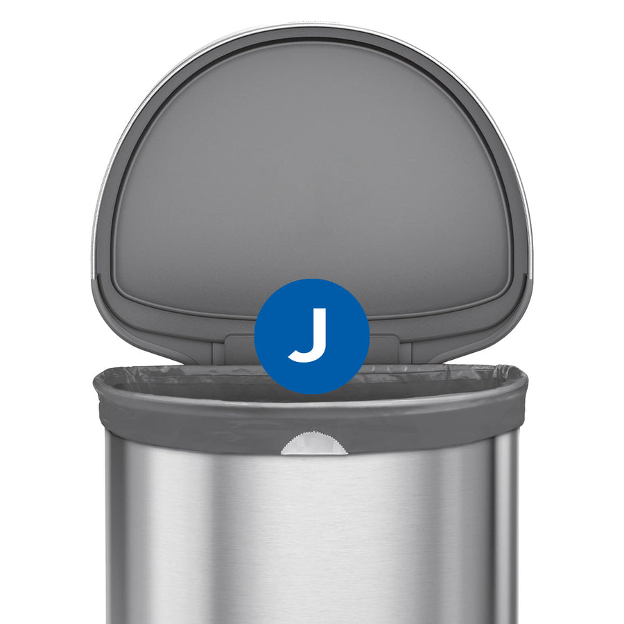 Simplehuman Detail view of Code J Odorsorb Liner showing custom fit in brushed stainless steel can.