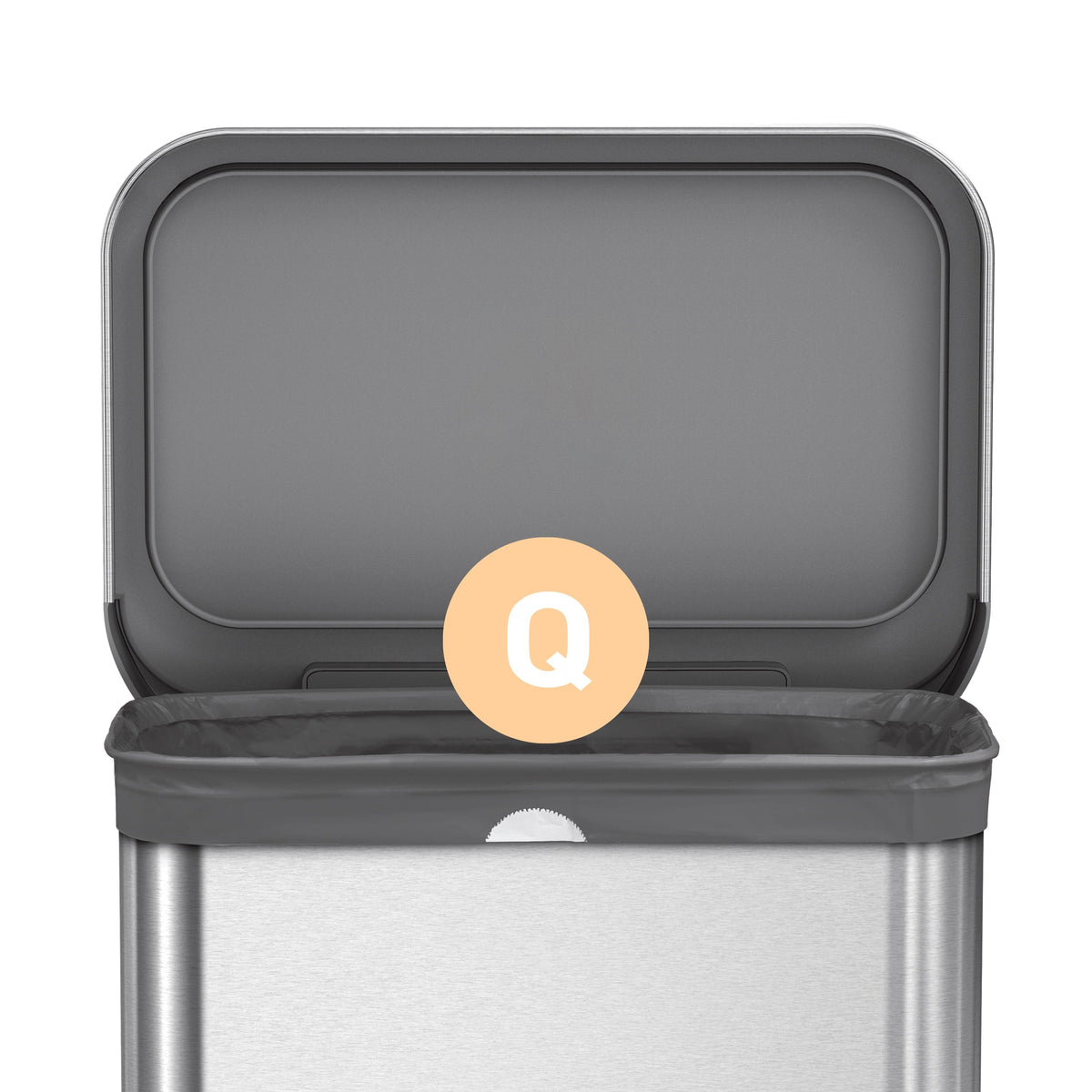 Detail view of Simplehuman Code Q Odorsorb Liner fitted into Brushed Stainless Steel can, highlighting the custom, non-slip fit.