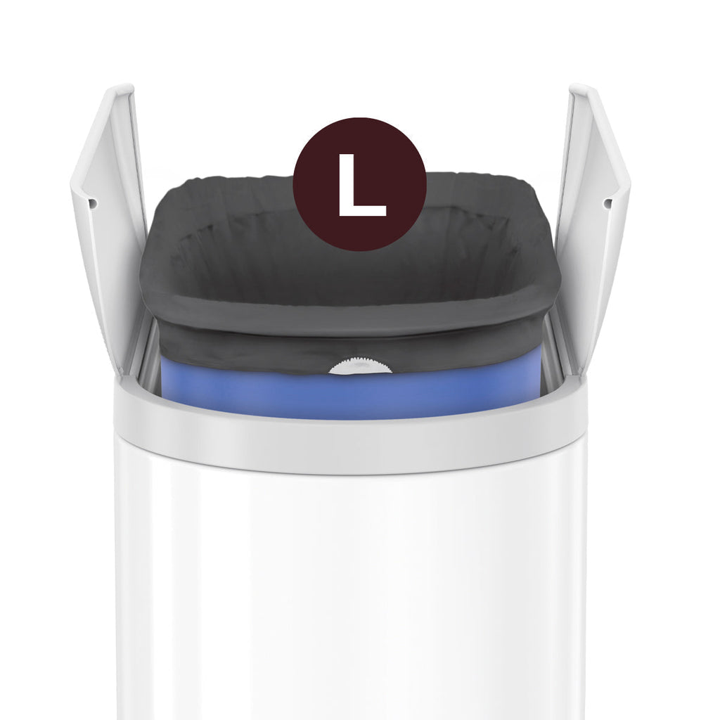 Detail view of Simplehuman Code L Odorsorb Liner perfectly fitted in a compatible white trash can, custom fit.