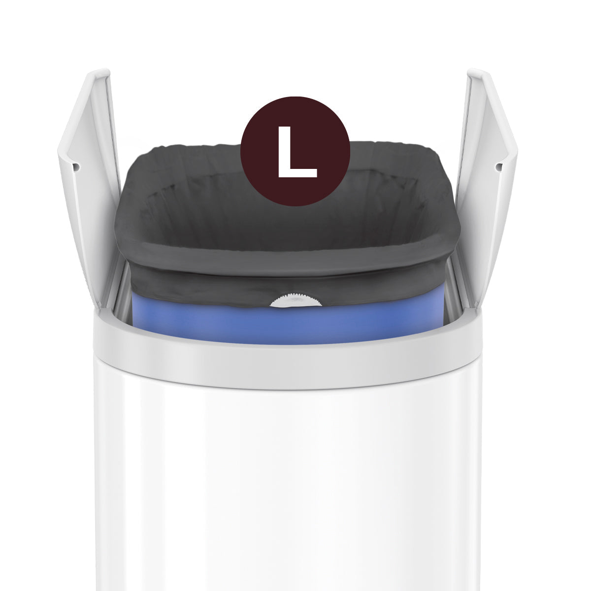 Detail view of Simplehuman Code L Odorsorb Liner perfectly fitted in a compatible white trash can, custom fit.