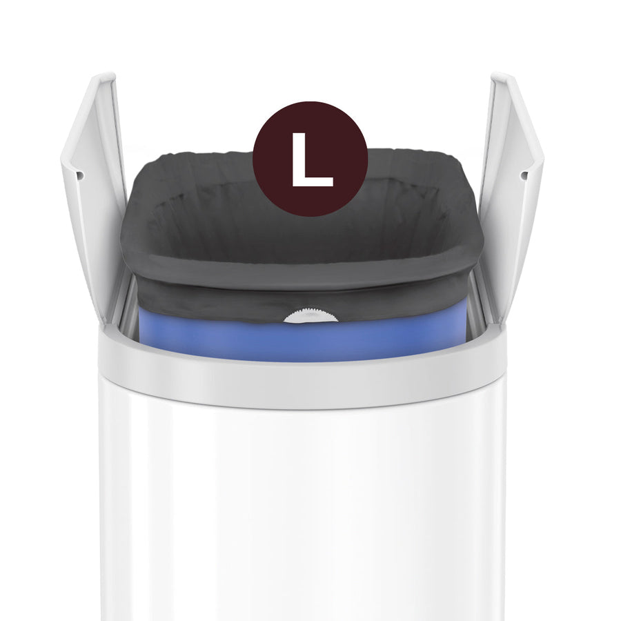 Detail view of Simplehuman Code L Odorsorb Liner perfectly fitted in a compatible white trash can, custom fit.