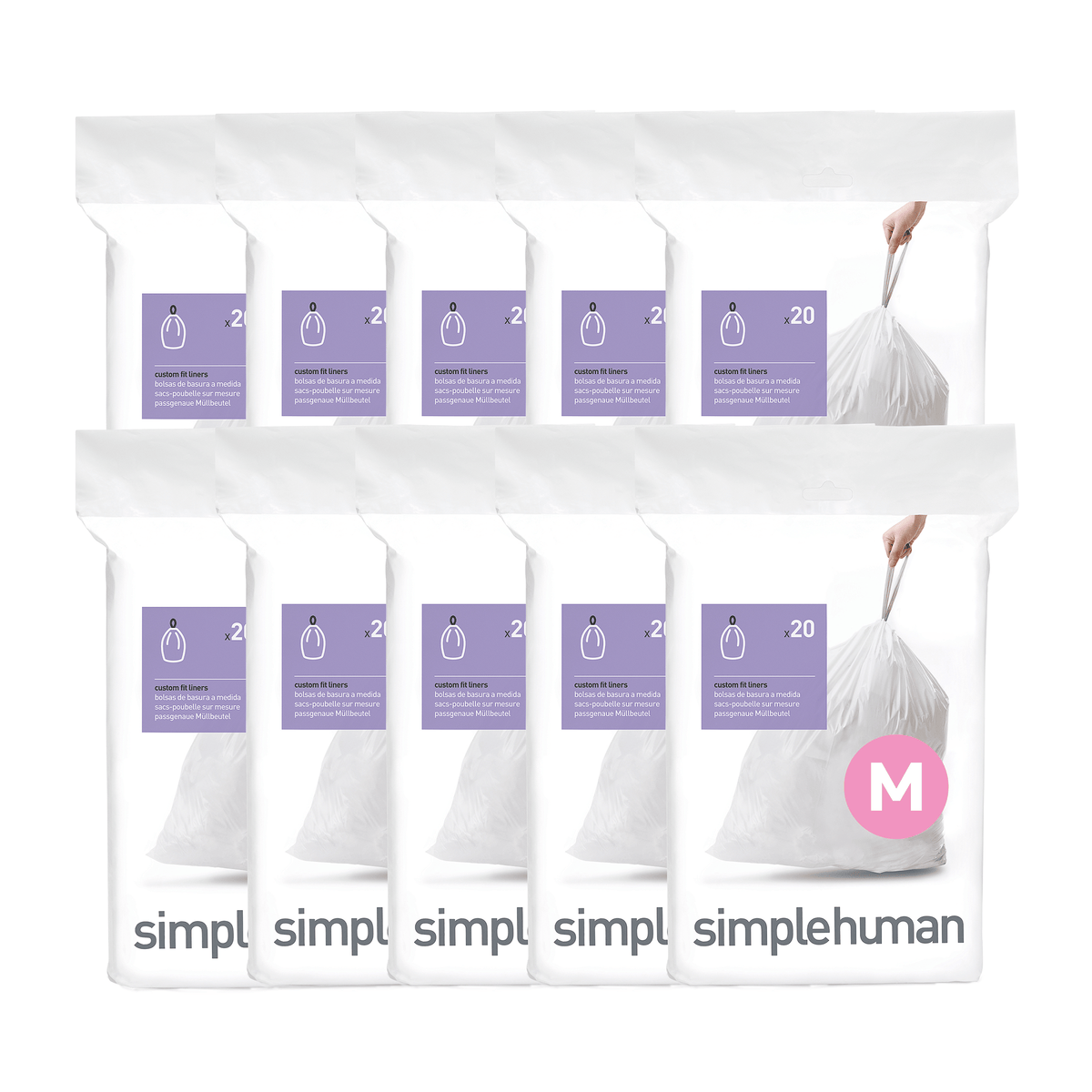 Simplehuman Code M white Custom Fit Liners bulk packaging, showing ten packs with easy tie drawstrings.