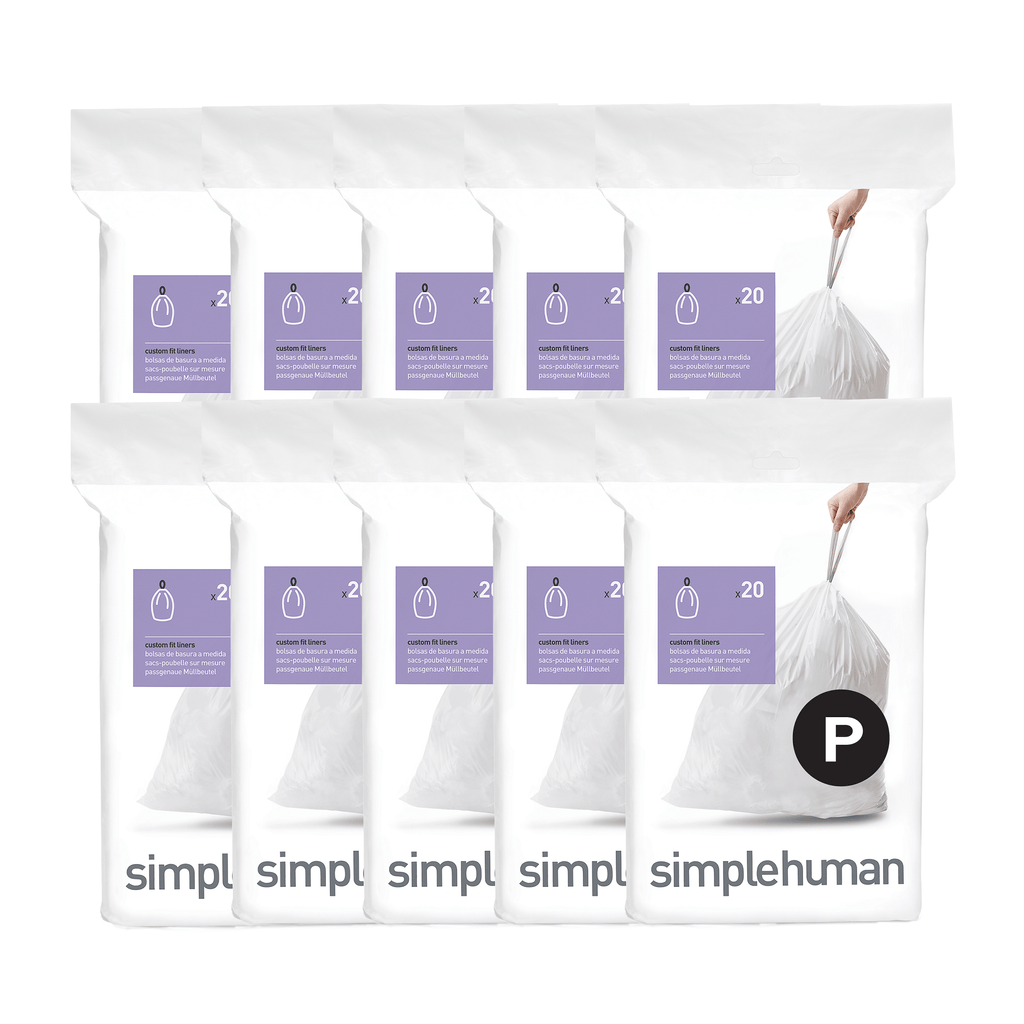 Simplehuman Code P Custom Fit Liners (White), ten 20-pack rolls shown, perfect fit trash bags.