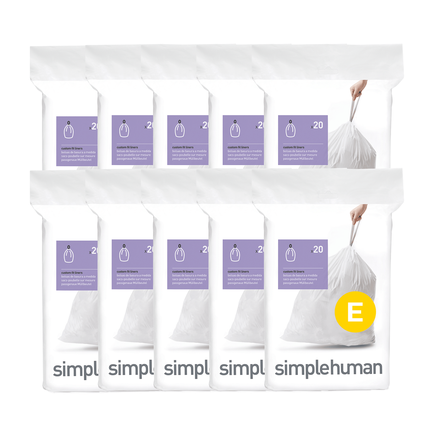 Simplehuman Code E Custom Fit Liners, 10-pack view of white liners with strong drawstring closure.