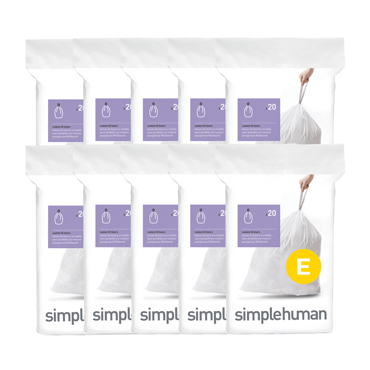 Simplehuman Code E Custom Fit Liners, 10-pack view of white liners with strong drawstring closure.