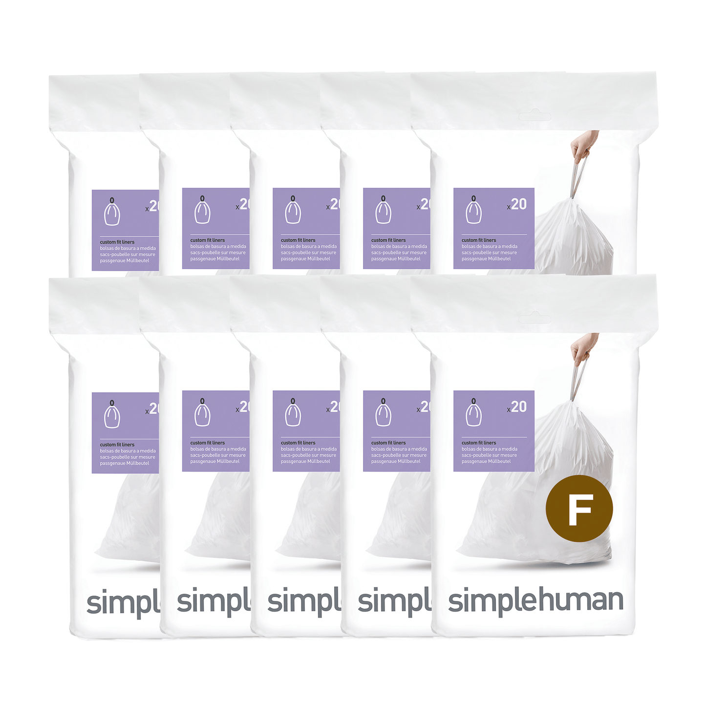 Simplehuman White Code F Custom Fit Liners, bulk case of 10 refill packs (200 liners total).