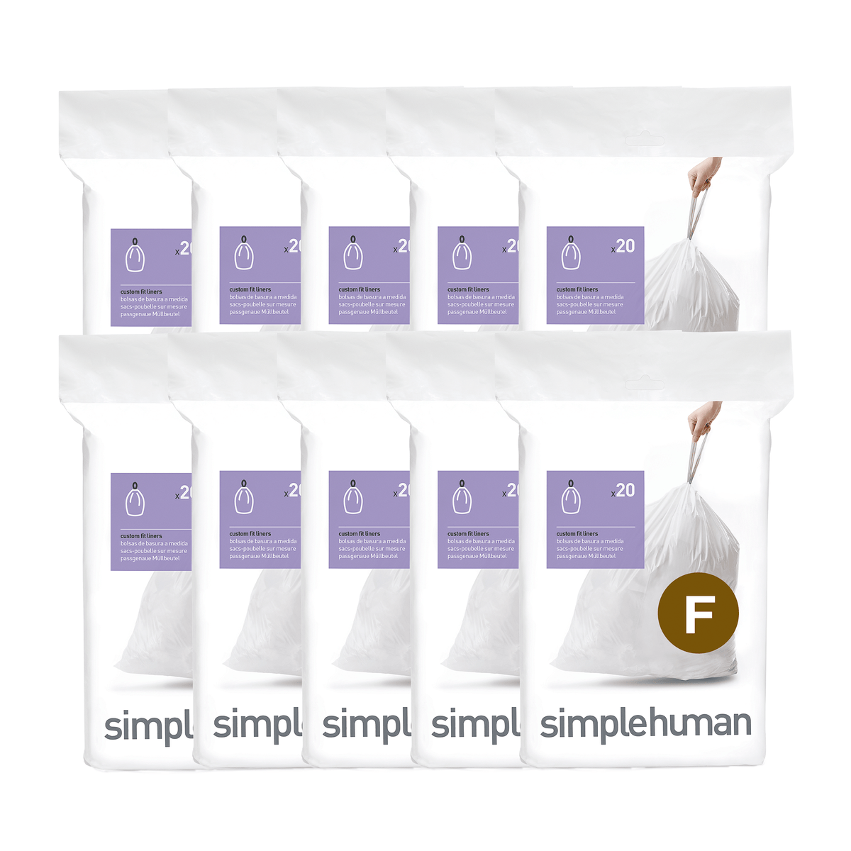 Simplehuman White Code F Custom Fit Liners, bulk case of 10 refill packs (200 liners total).