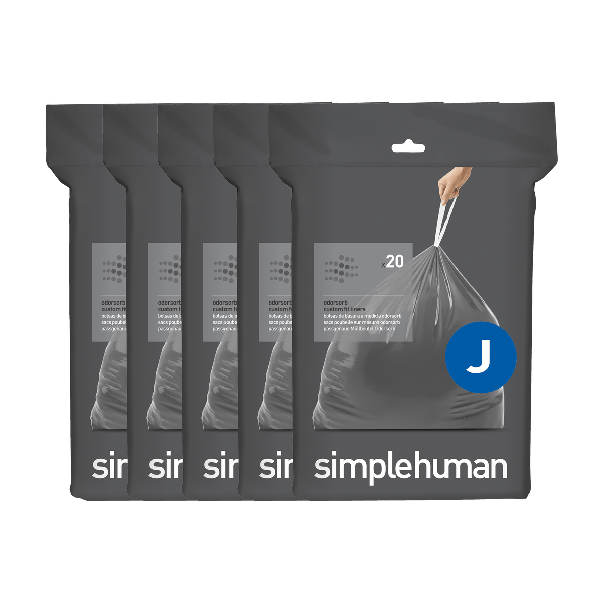 Simplehuman Odorsorb Custom Fit Liners Code J, multi-pack, with easy drawstring closure.