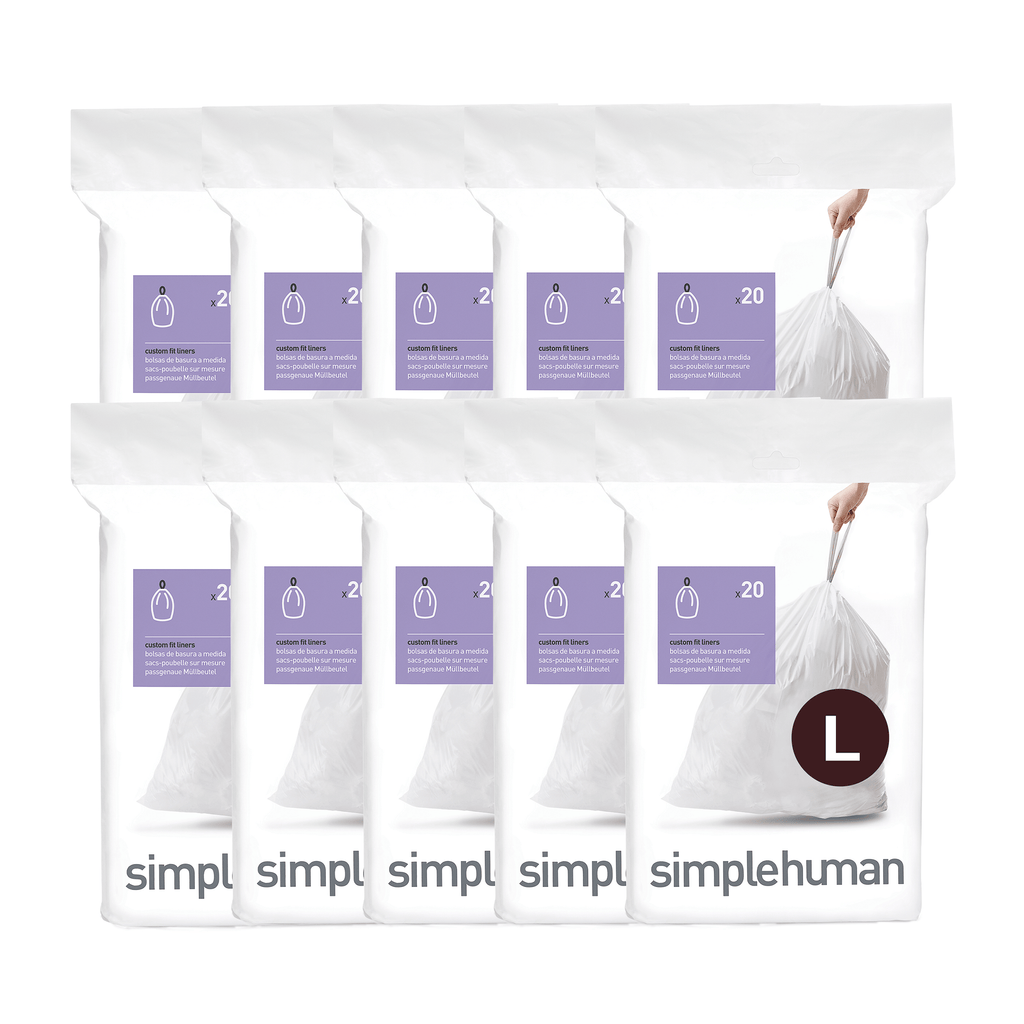 Simplehuman Code L Custom Fit Liners, white 10-pack bundle showing secure drawstring closure.