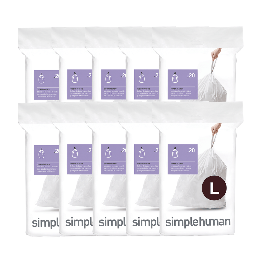 Simplehuman Code L Custom Fit Liners, white 10-pack bundle showing secure drawstring closure.