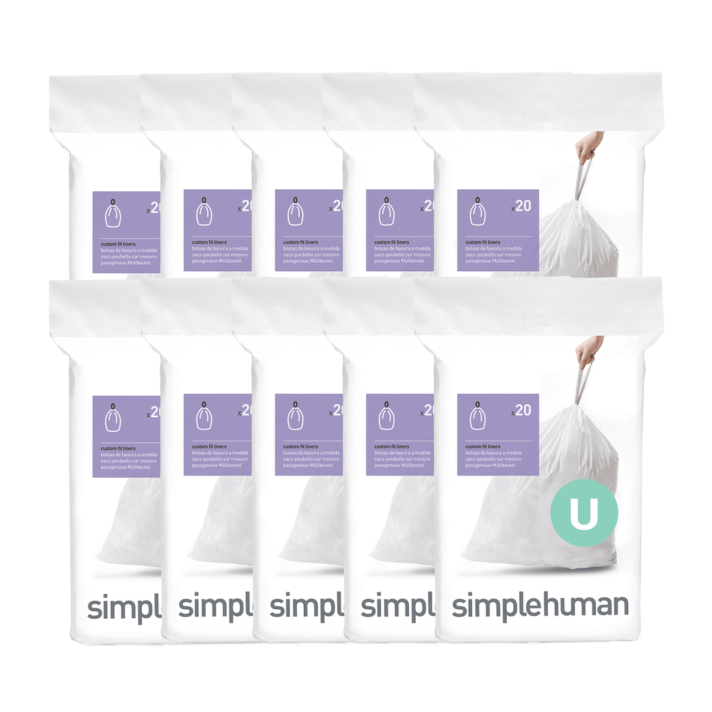 Simplehuman Code U Custom Fit Liners, bulk stock view of 10 white packs with strong drawstring closure.