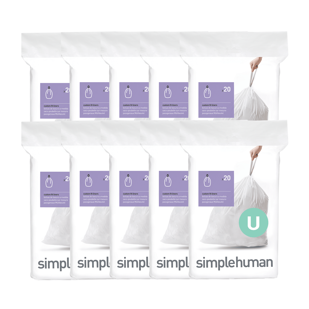 Simplehuman Code U Custom Fit Liners, bulk stock view of 10 white packs with strong drawstring closure.