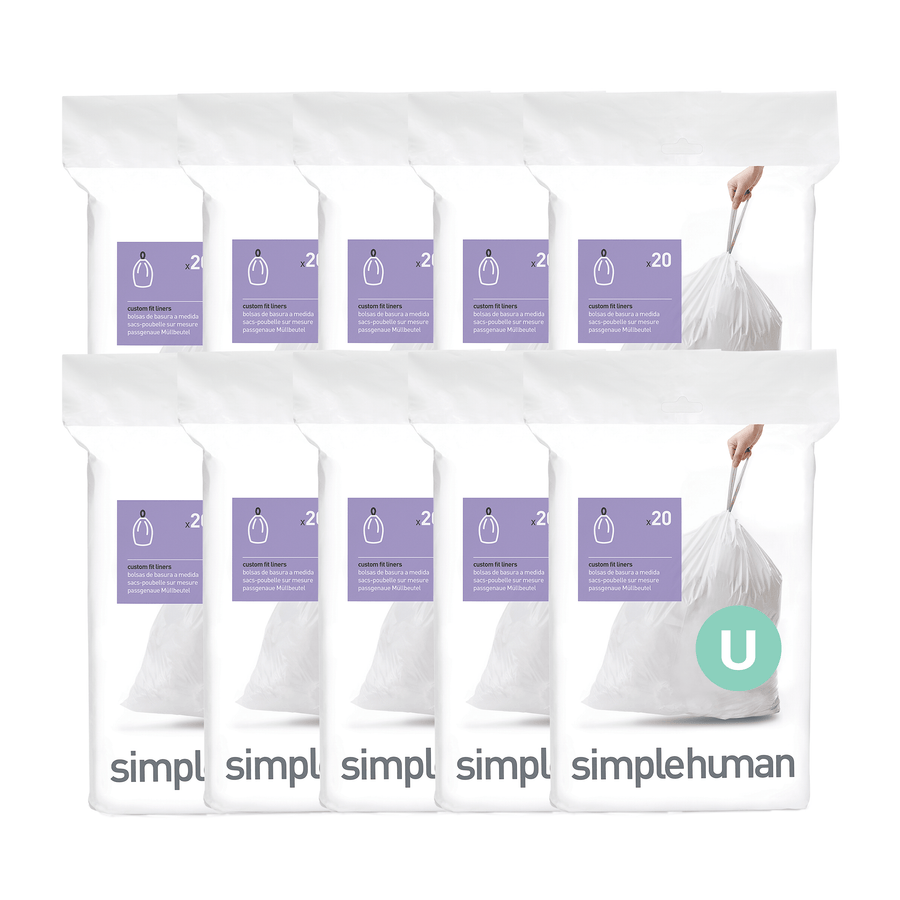 Simplehuman Code U Custom Fit Liners, bulk stock view of 10 white packs with strong drawstring closure.