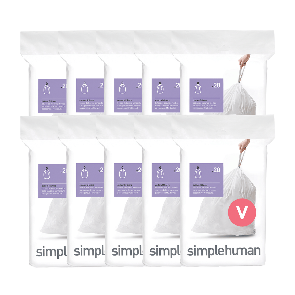 Simplehuman Code V Custom Fit Liners, 10 packs of white bags (20 count each) with strong drawstring closure.