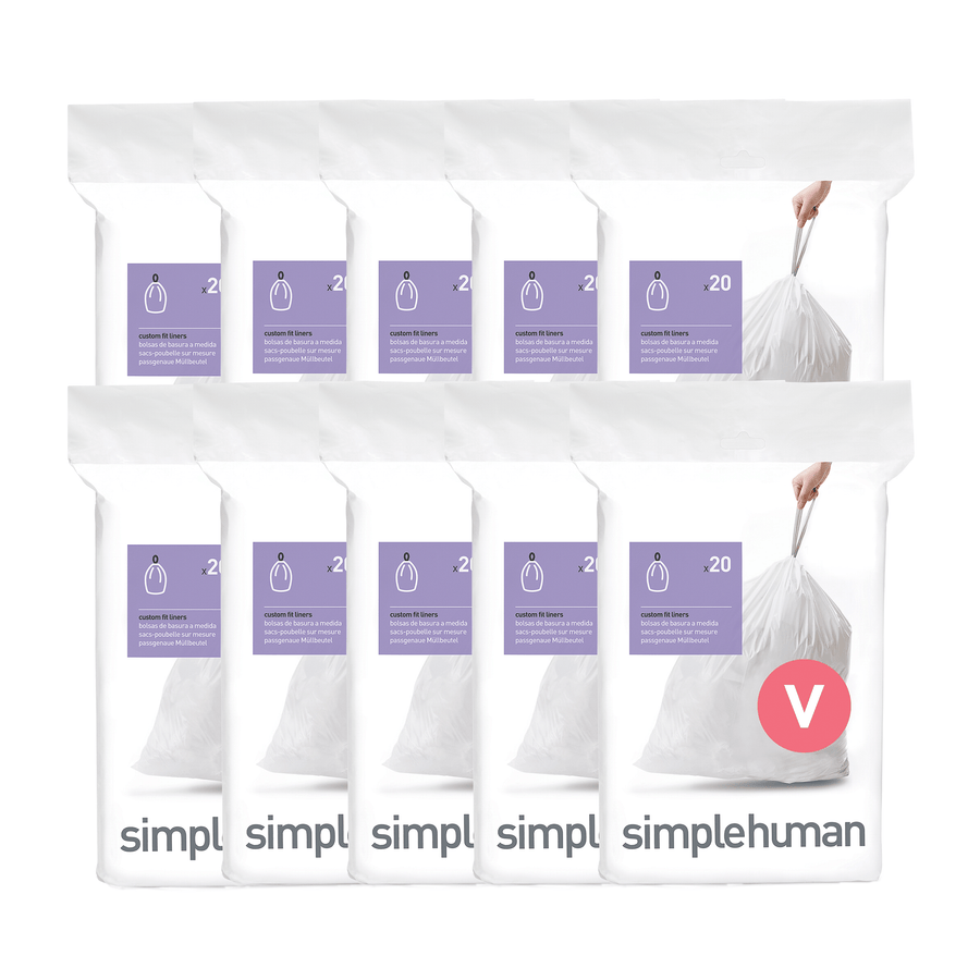 Simplehuman Code V Custom Fit Liners, 10 packs of white bags (20 count each) with strong drawstring closure.