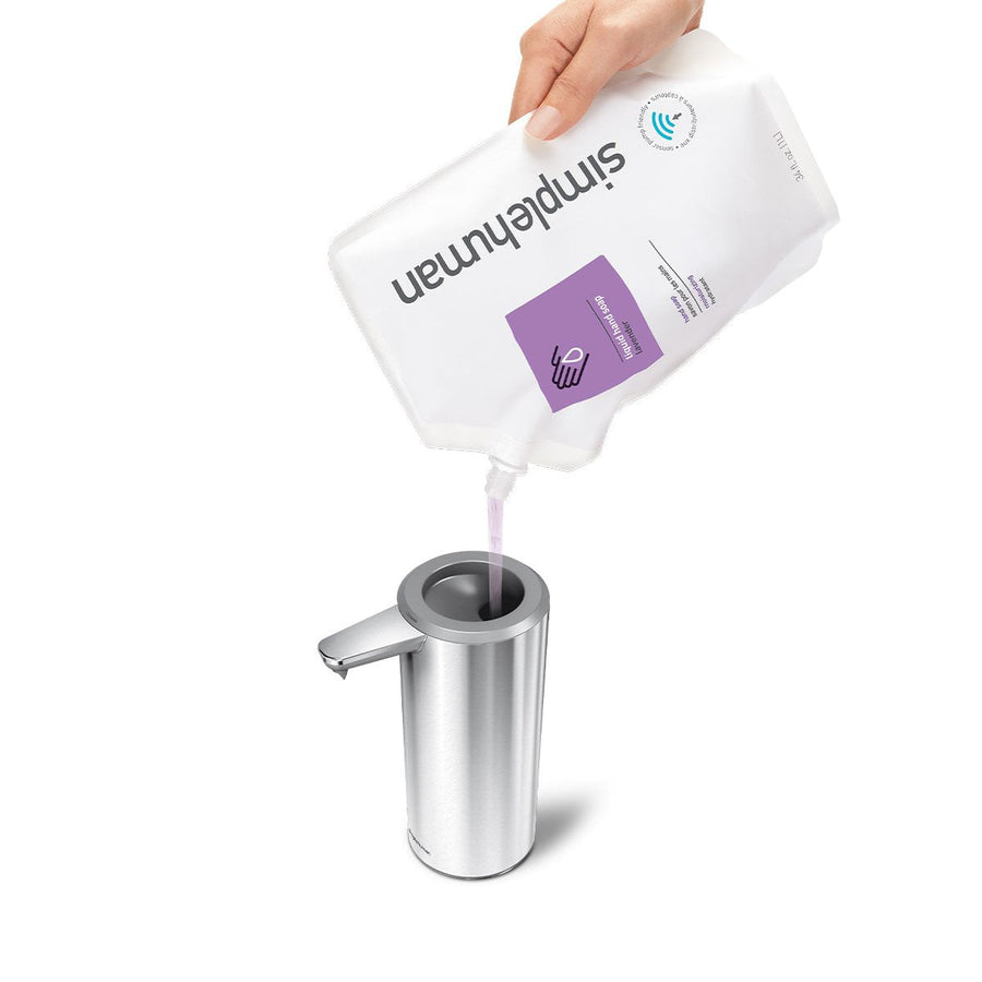 Detail view of Simplehuman 9 oz. Rechargeable Sensor Pump, Brushed Stainless Steel, showing wide, easy-refill opening.