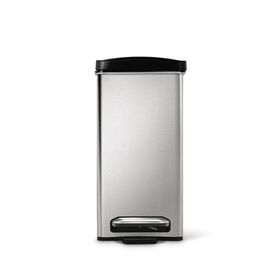 Front studio view of Simplehuman 10L Profile Step Can, Brushed Stainless Steel, narrow rectangular profile.