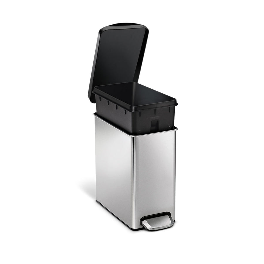 Simplehuman 10L Profile Step Can, Brushed Stainless Steel, open view highlighting the removable inner bucket.