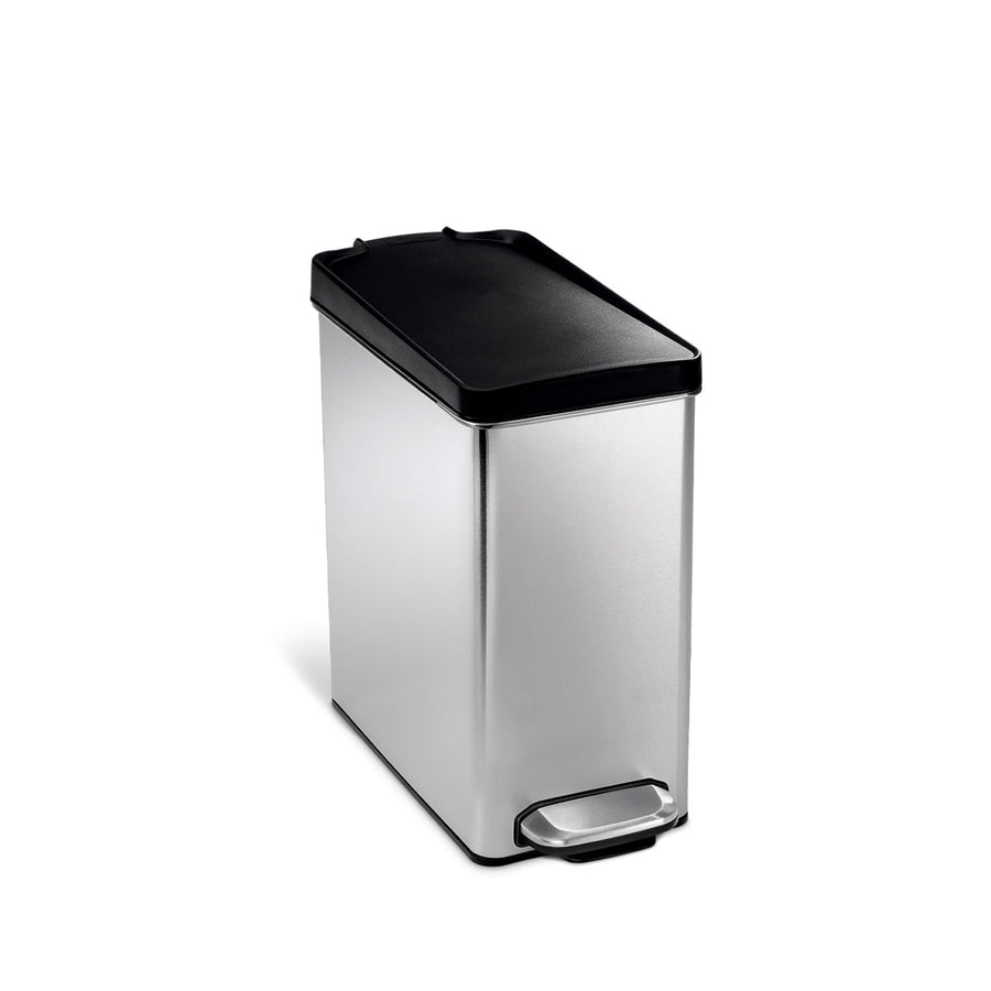 Angled view of Simplehuman 10L Profile Step Can, Brushed Stainless Steel, slim profile and sturdy hands-free pedal.