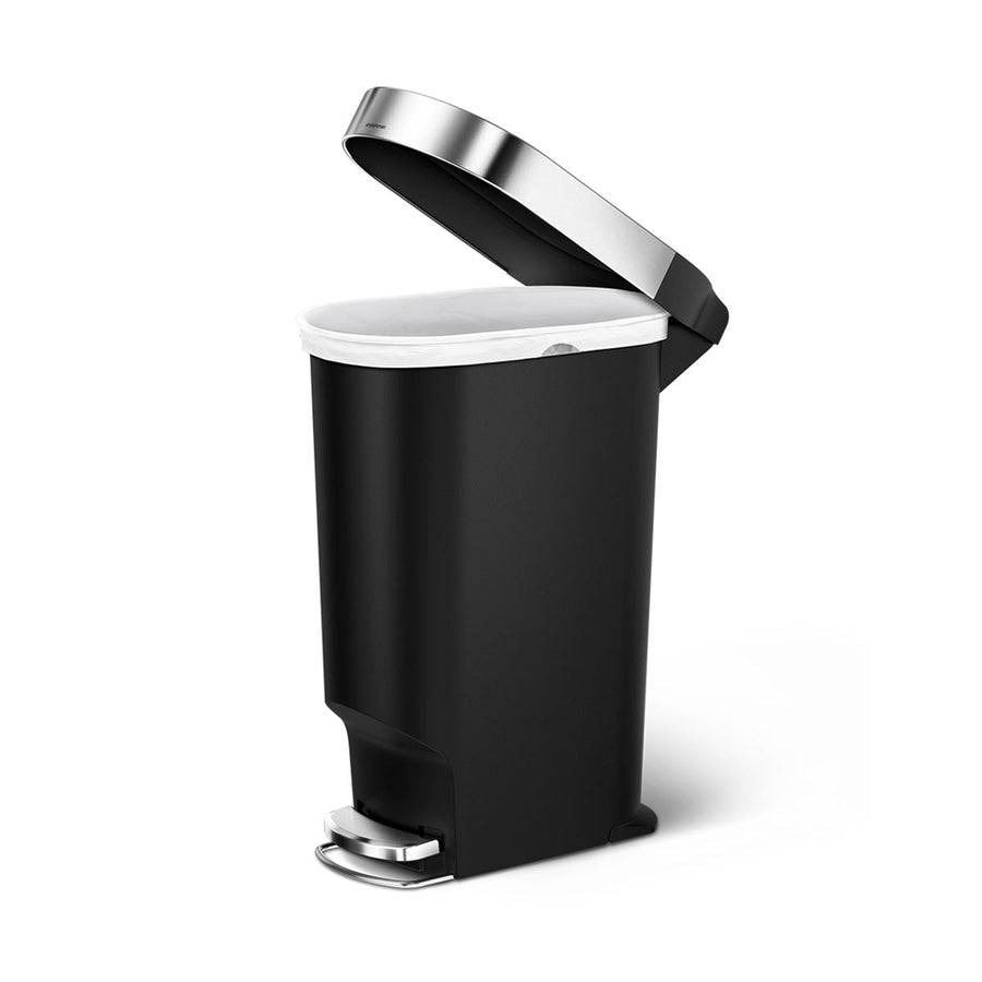 Angled view, Simplehuman 40L Slim Step Can, Matte Black, open lid showing liner rim and hands-free pedal.