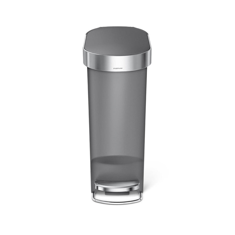Front view: Simplehuman 40L Slim Step Can, Grey Plastic, hands-free pedal and Stainless Steel liner rim.