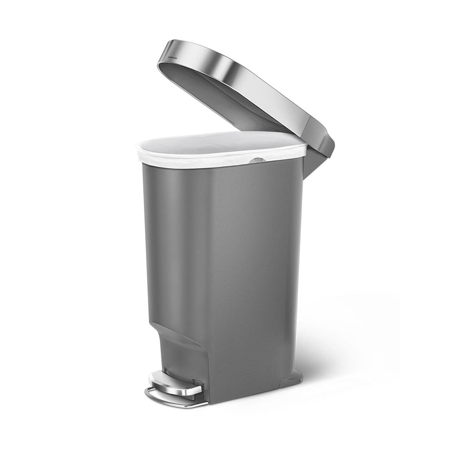 Simplehuman 40L Slim Step Can, Grey Plastic, open view showing Stainless Steel lid, liner rim, and hands-free pedal.