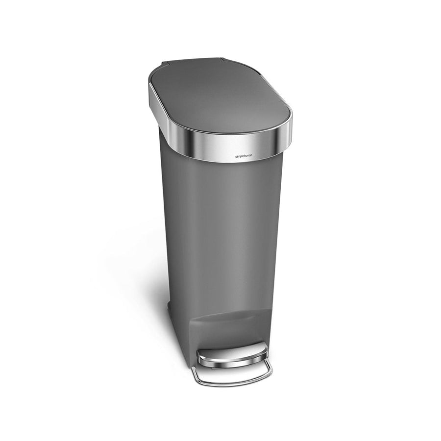 High angled view: Simplehuman 40L Slim Step Can in Grey Plastic with Stainless Steel liner rim and hands-free foot pedal.