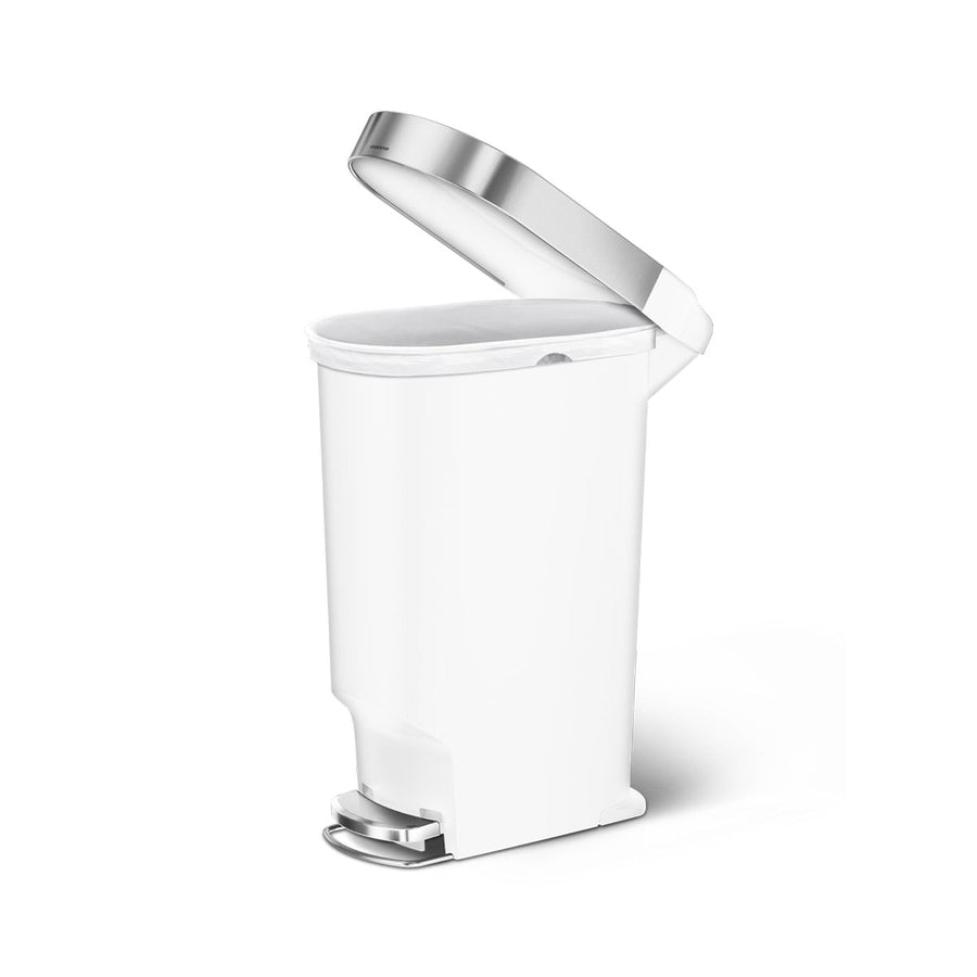 Side view: Simplehuman 40L Slim Step Can, White Plastic, hands-free step pedal and Stainless Steel liner rim.