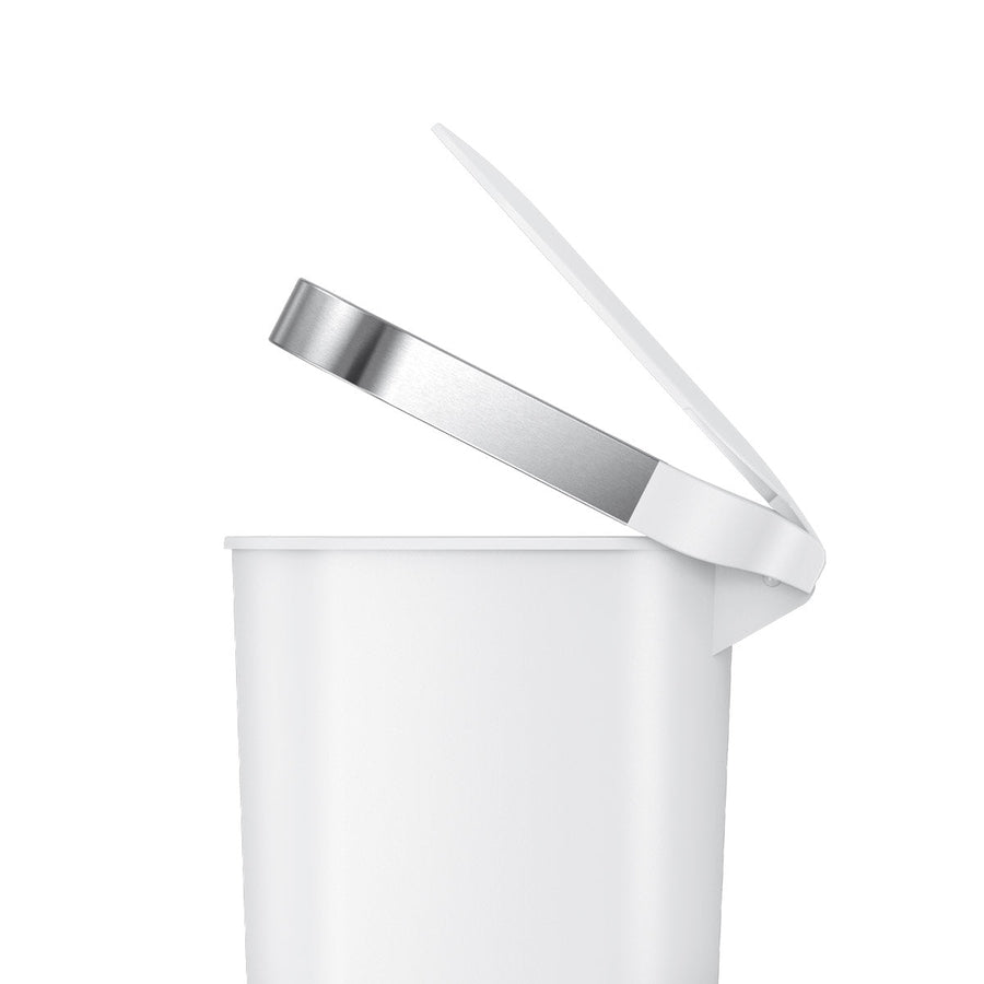 Close-up of Simplehuman White 40L Slim Step Can, open lid showing Brushed Stainless Steel liner rim.