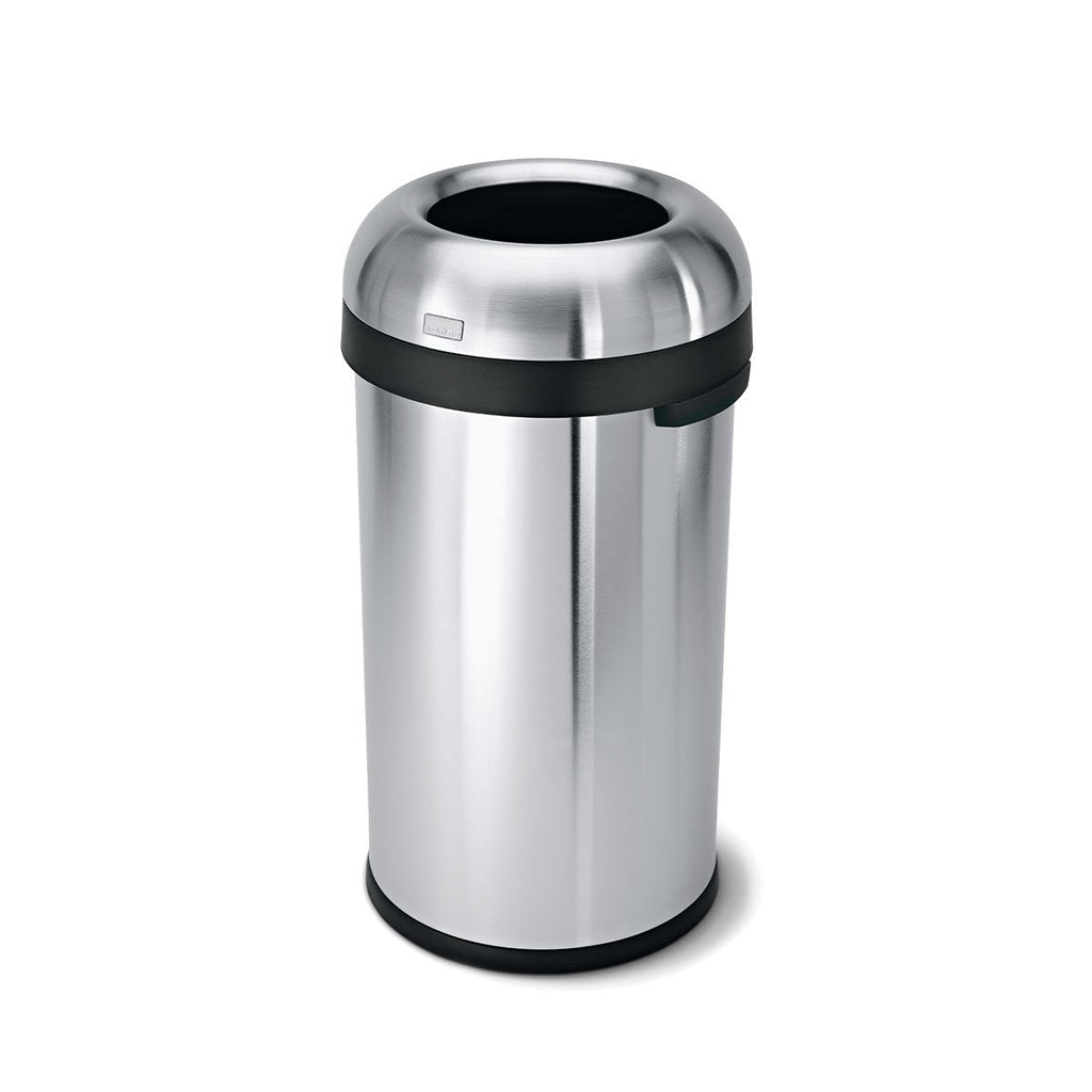 Front view of Simplehuman Brushed Stainless Steel Bullet Open Can, high-capacity, hands-free waste disposal.