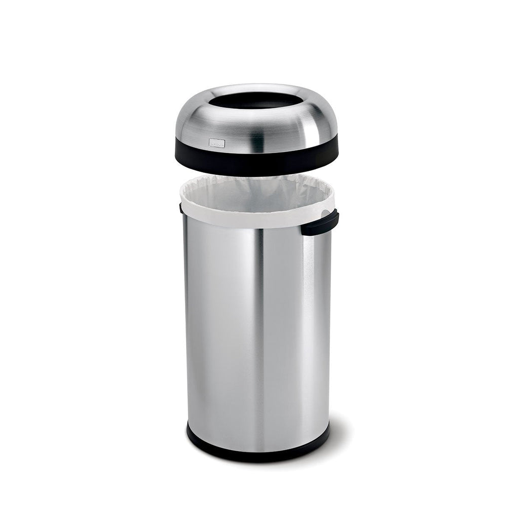Detail view of Simplehuman 60L Bullet Open Can, Stainless Steel, showing the removable dome lid and liner fit.