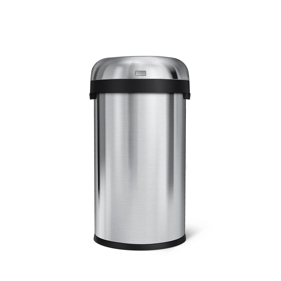 Front view of Simplehuman 60L Bullet Open Can, Brushed Stainless Steel, with open top for quick disposal.