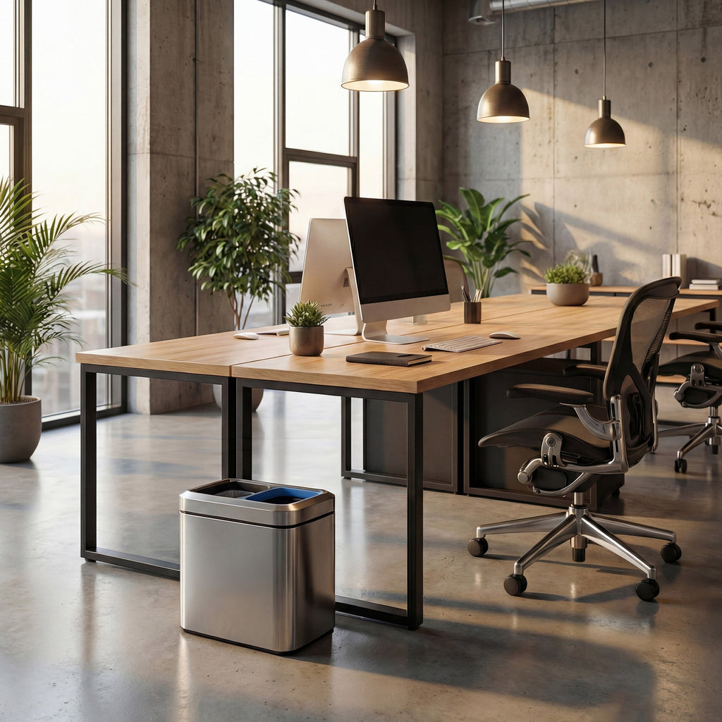 Simplehuman's 20L Mini Open Recycler in a modern office space setting with wooden tables, greenery, and sleek chairs.