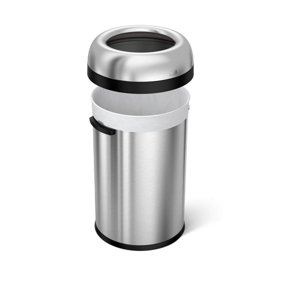 Angled view of Simplehuman 115L Bullet Open Can, Brushed Stainless Steel, showing removable rim and bag tuck.