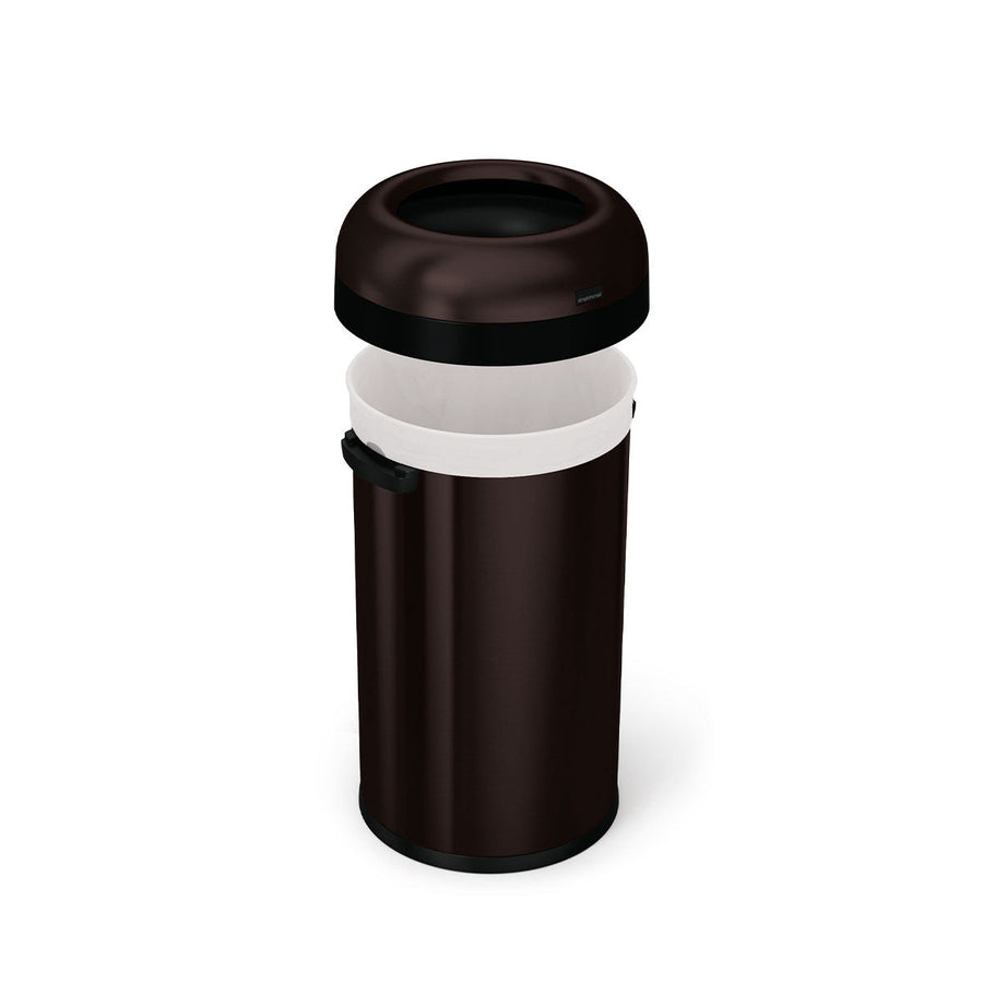 Detail view of Simplehuman 60L Bullet Open Can in Brushed Dark Bronze, showing the removable dome lid and liner.