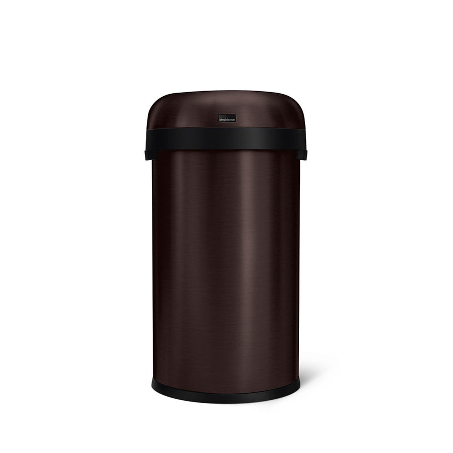 Simplehuman 60L Bullet Open Can in Brushed Dark Bronze, front view, high-capacity, open top for easy disposal.