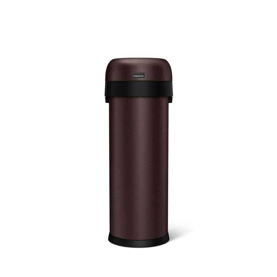 Front studio view of Simplehuman 50L Slim Open Can in Dark Bronze, high-capacity, slim profile for tight spaces.