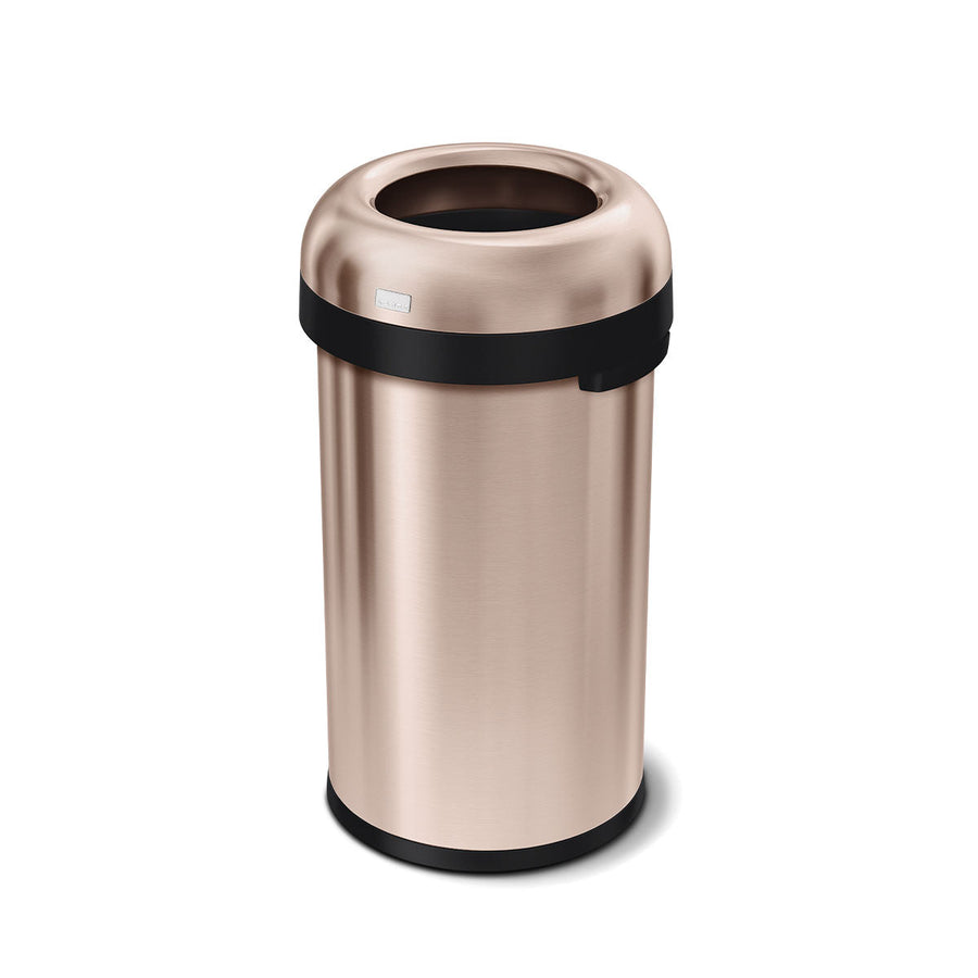 Angled view of Simplehuman 60L Bullet Open Can, Rose Gold finish, open top for high-traffic, quick disposal.